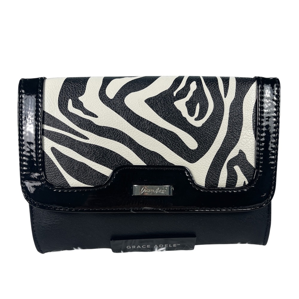 Grace Adele Zebra Print Crossbody Clutch Bag Black Patent Trim‎ Red Lining